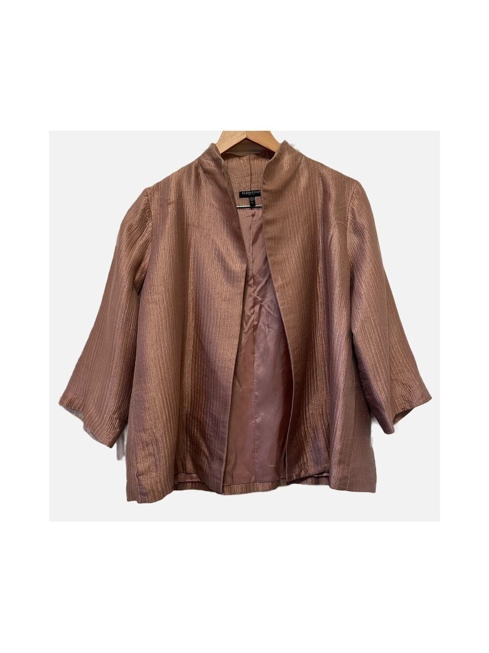 Eileen Fisher Jacket PL 100% Silk Rayon Lining Rose Shimmer Open Front Casual